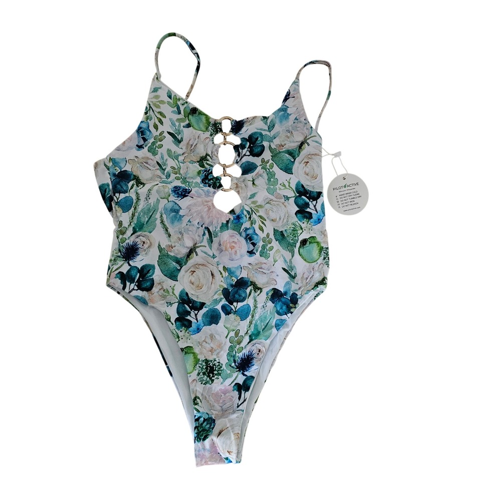 Pilot Active Watercolor Floral One Piece Swimsuit Size S NWT O Ring Cut Out